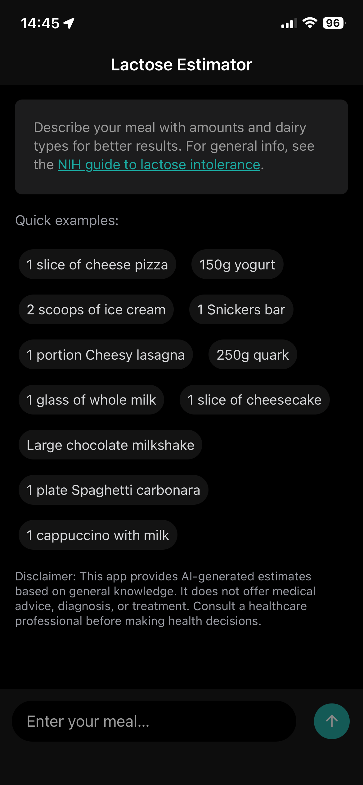 Lactose Estimator app screenshot 1