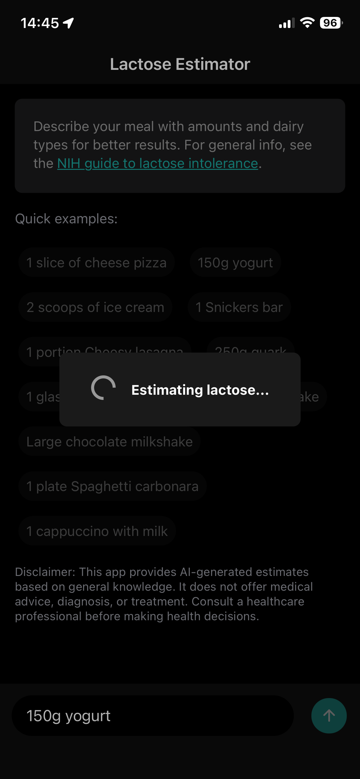 Lactose Estimator app screenshot 2